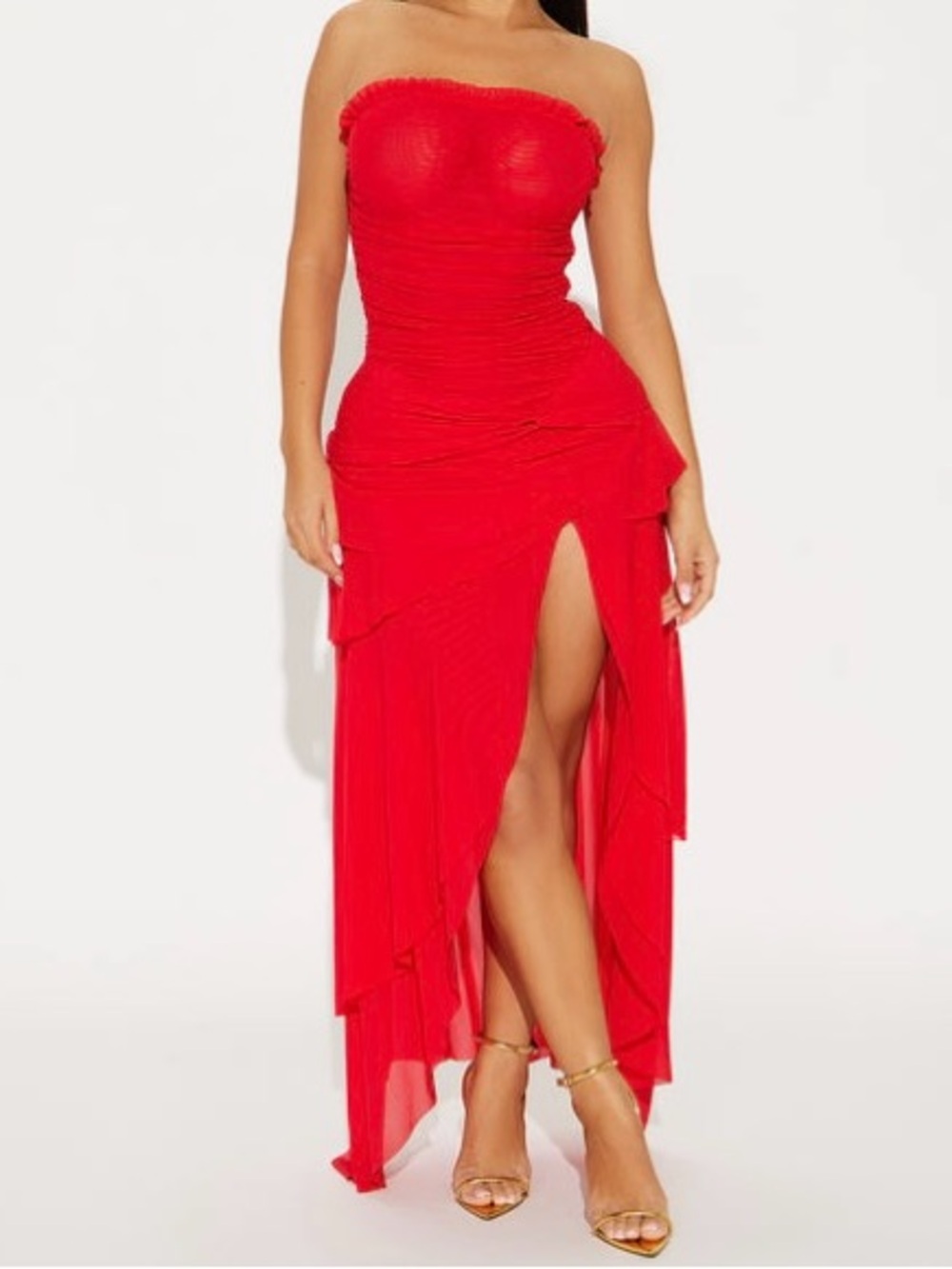 Fashion Nova Strapless Red Ruched High-Slit Maxi Dress